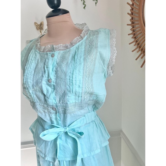 Vintage Chadia Victorian Two Piece Blue Teal Lace Maxi Skirt and Blouse Set - Picture 4 of 9